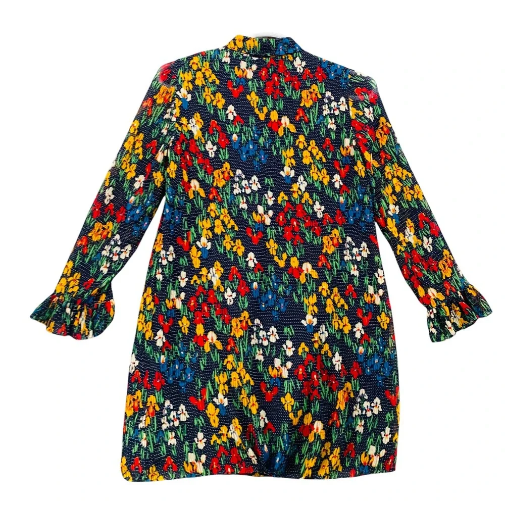 Tory Burch Navy Blue Floral Pleated Ruffle Button Front Shift Mini‎ Dress 6